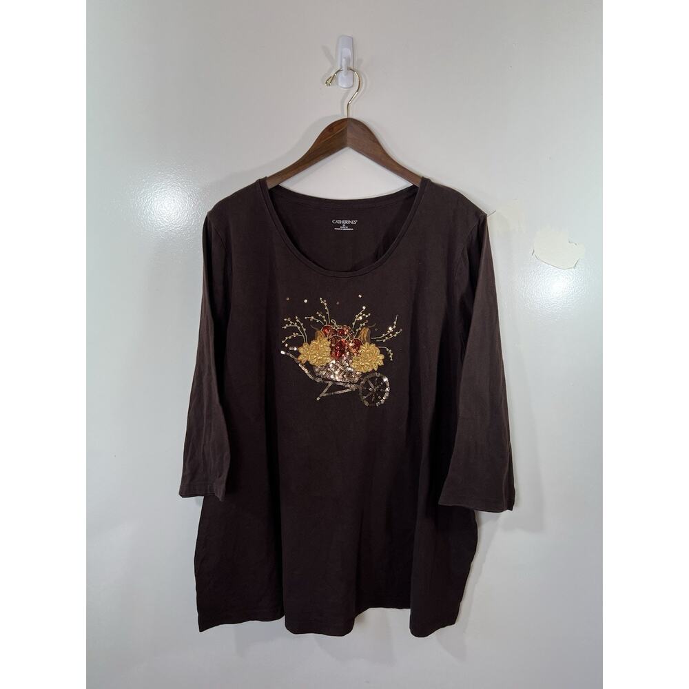 Catherines Women's Sequin Shirt Size‎ 2X Brown Fall Pumpkin Thanksgiving Casual